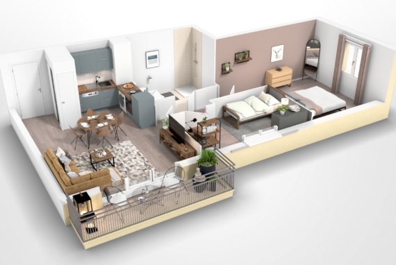 Vue 3D d'un appartement F3 - Les Avenelles